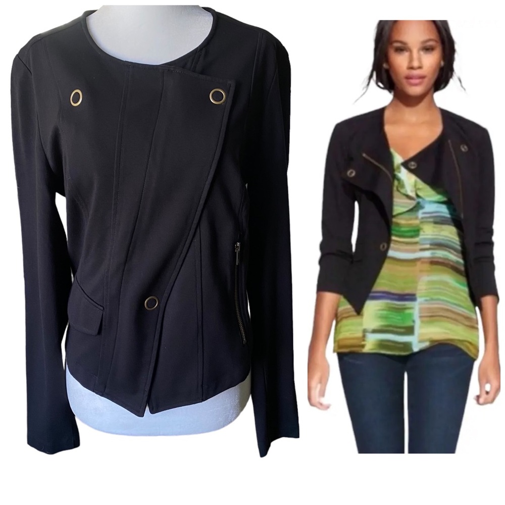 Cabi Black Asymmetrical Snap Zip Ponte Moto Jacket Size Small